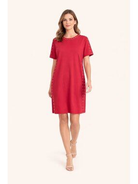 Grayse Womens Medium Red Grommet Detail Shift Dress Short Sleeve NEW